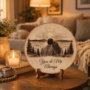 Personalized mountain cabin wood plaque with engraved landscape artwork in cozy rustic home decor