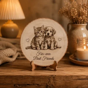 Custom cat and dog wood plaque with engraved pet artwork on rustic farmhouse table