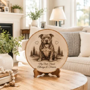 Custom engraved pit bull wood plaque on rustic table in cozy farmhouse living room