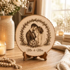 Personalized couple wood plaque with engraved romantic portrait in cozy farmhouse home decor