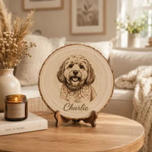 Personalized engraved dog wood plaque with cute puppy artwork in cozy living room decor