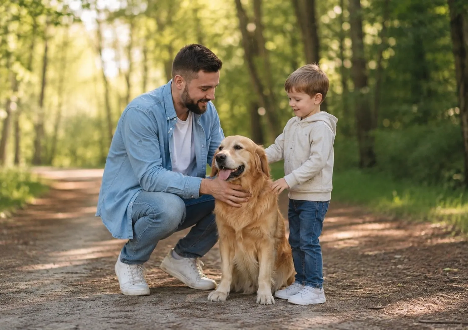 Father and daughter with golden retriever in forest creating emotional family memory photo