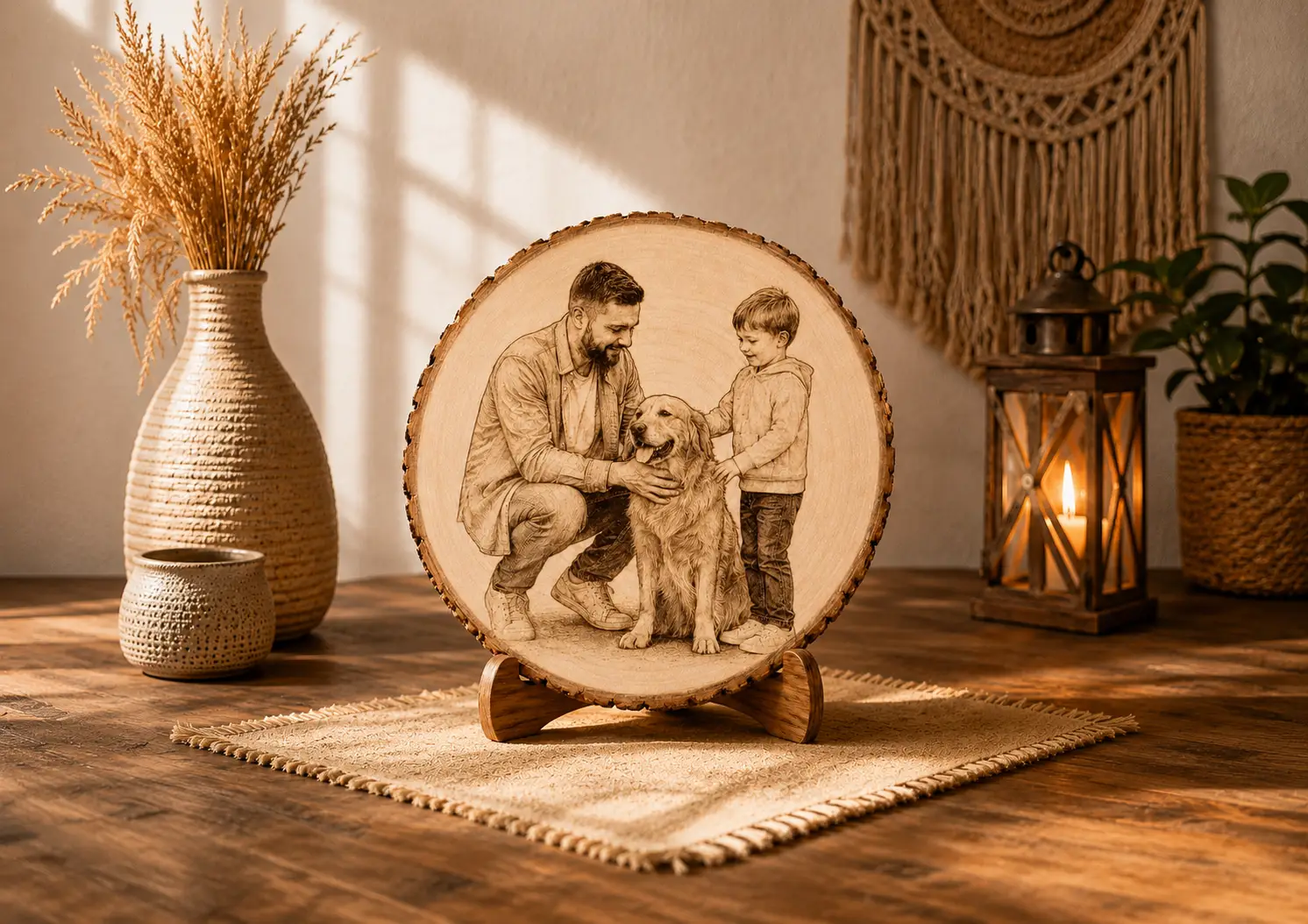 Custom laser engraved wood plaque featuring a family and dog portrait on natural wood slice