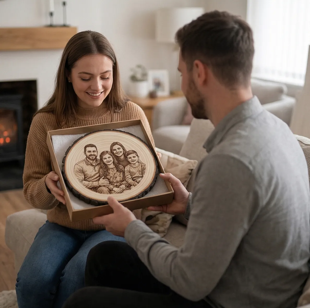 Couple opening personalized engraved wood plaque gift in cozy living room